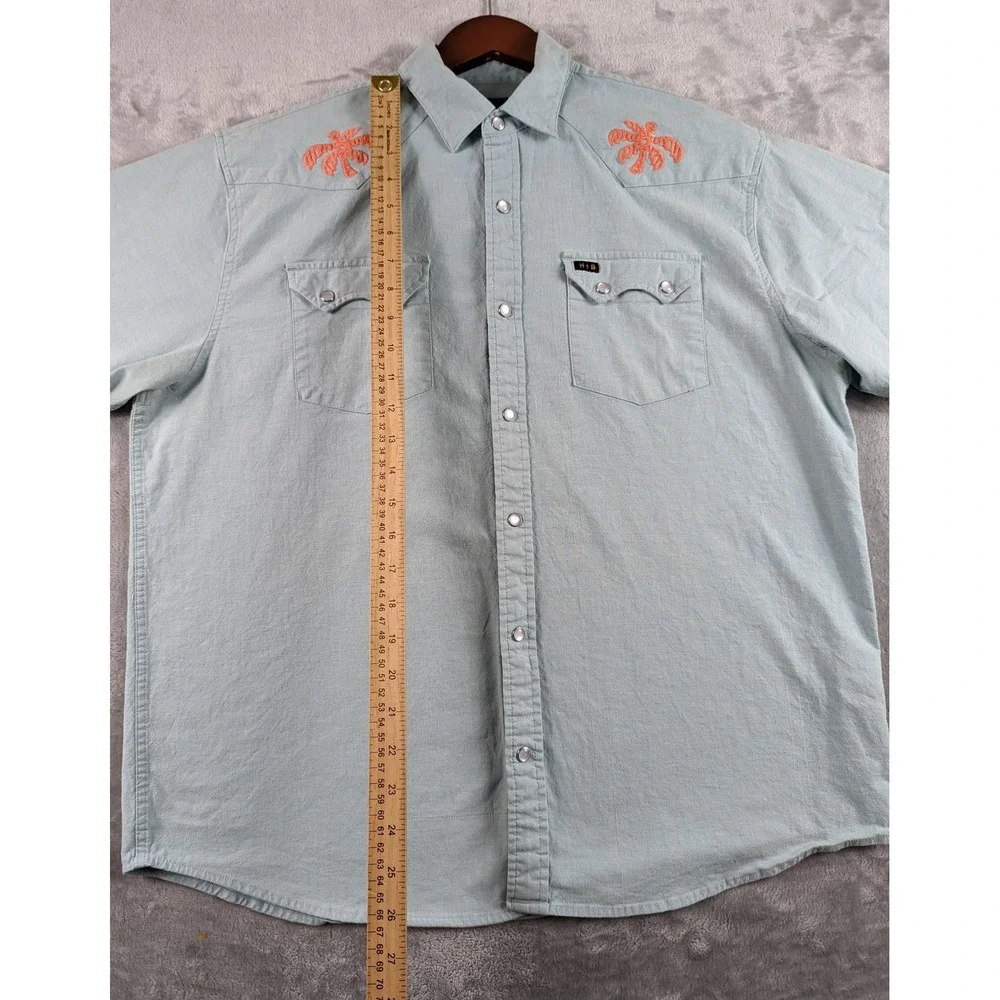 Howler Bros Crosscut Deluxe Shirt Men Large Blue Palm Western Pearl Snap READ